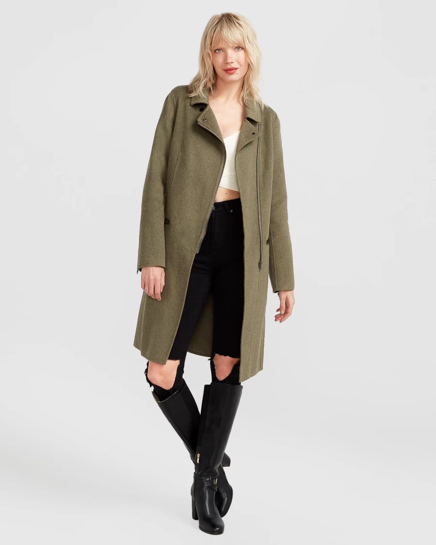 Belle & Bloom Women's Army Green Wool Blend Moto Coat - New Fit Last Chance
