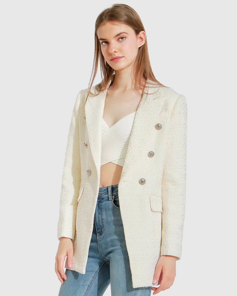 Belle & Bloom Women's Princess Polina Cream Tweed Blazer - Elegant Feminine Jacket