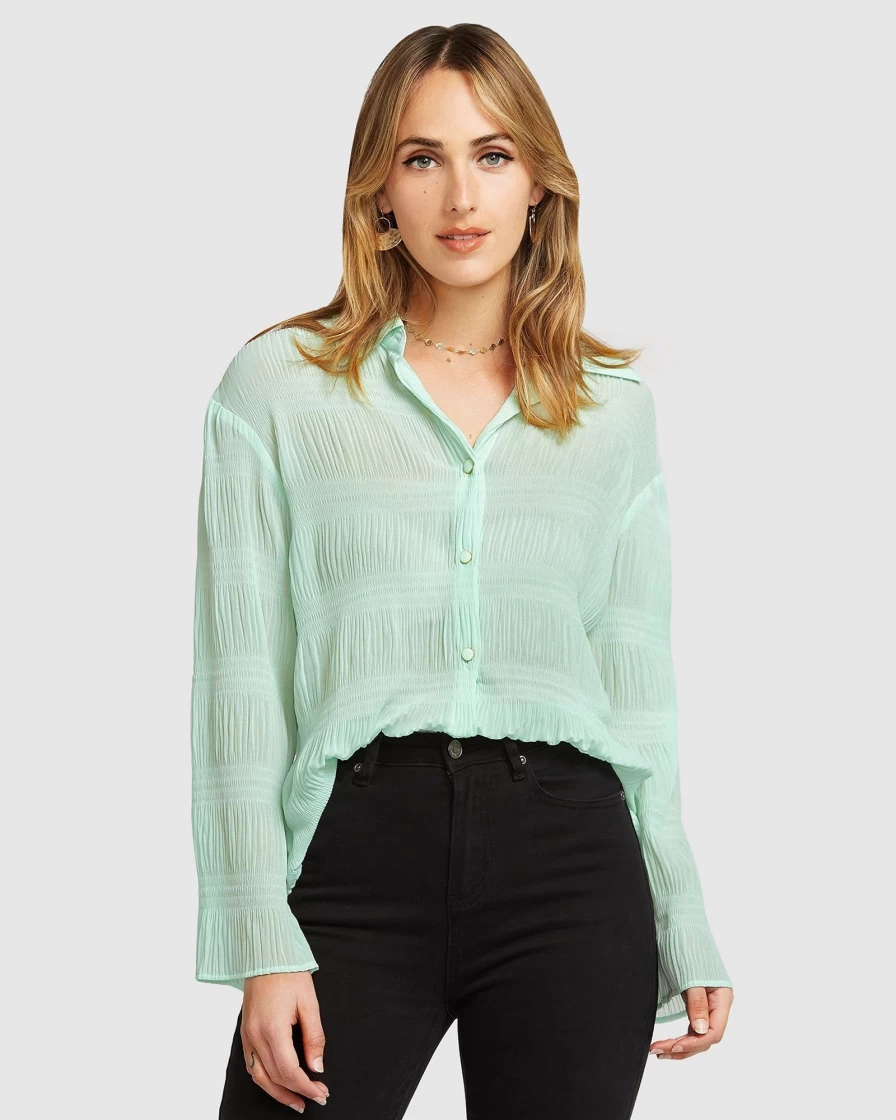 Belle & Bloom Women's Mint Green Chiffon Shirred Blouse - Final Sale