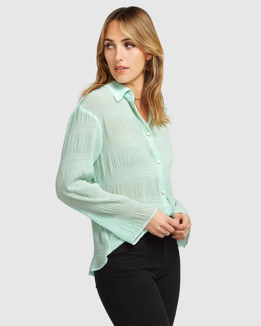 Belle & Bloom Women's Mint Yoko Shirred Chiffon Blouse - Lightweight Summer Top