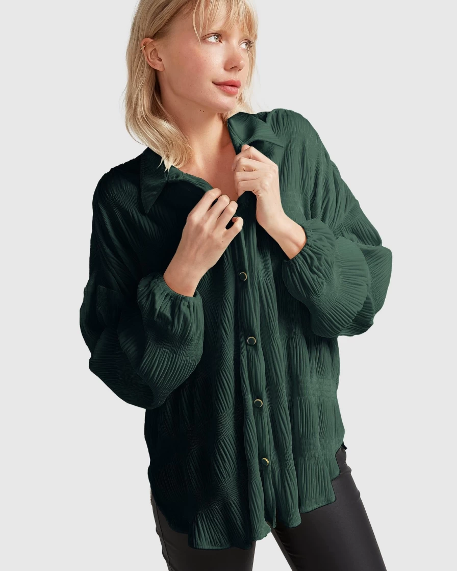 Belle & Bloom Women's Serenade Velvet Plisse Shirt in Dark Teal - Luxurious Soft Texture & Elegant Fit