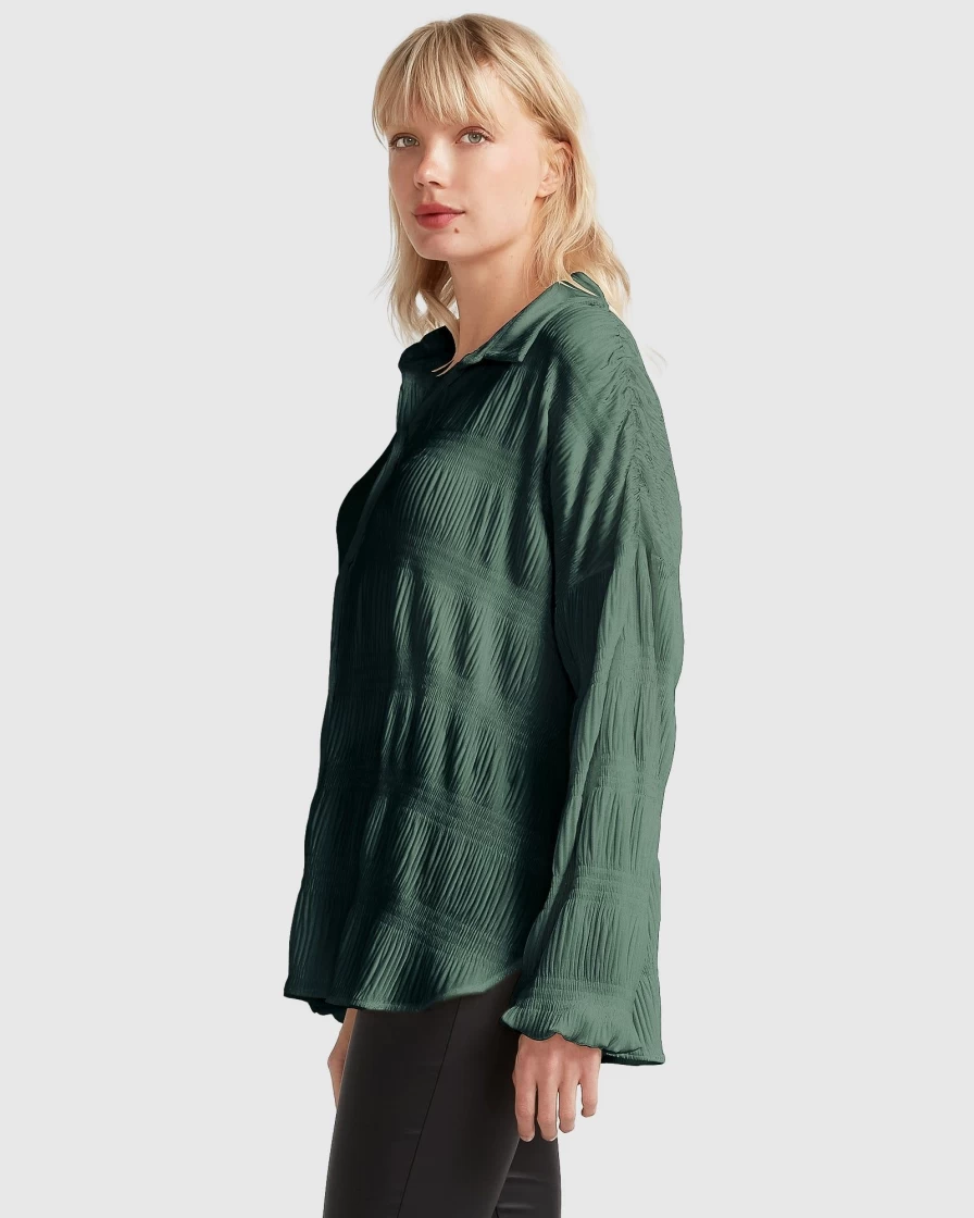 Belle & Bloom Women's Serenade Velvet Plisse Shirt in Dark Teal - Luxurious Soft Texture & Elegant Fit