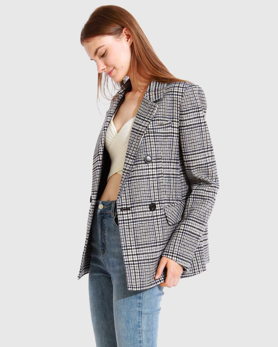 Belle & Bloom Women's Grey Wool Blend Plaid Blazer - Piccadilly Style