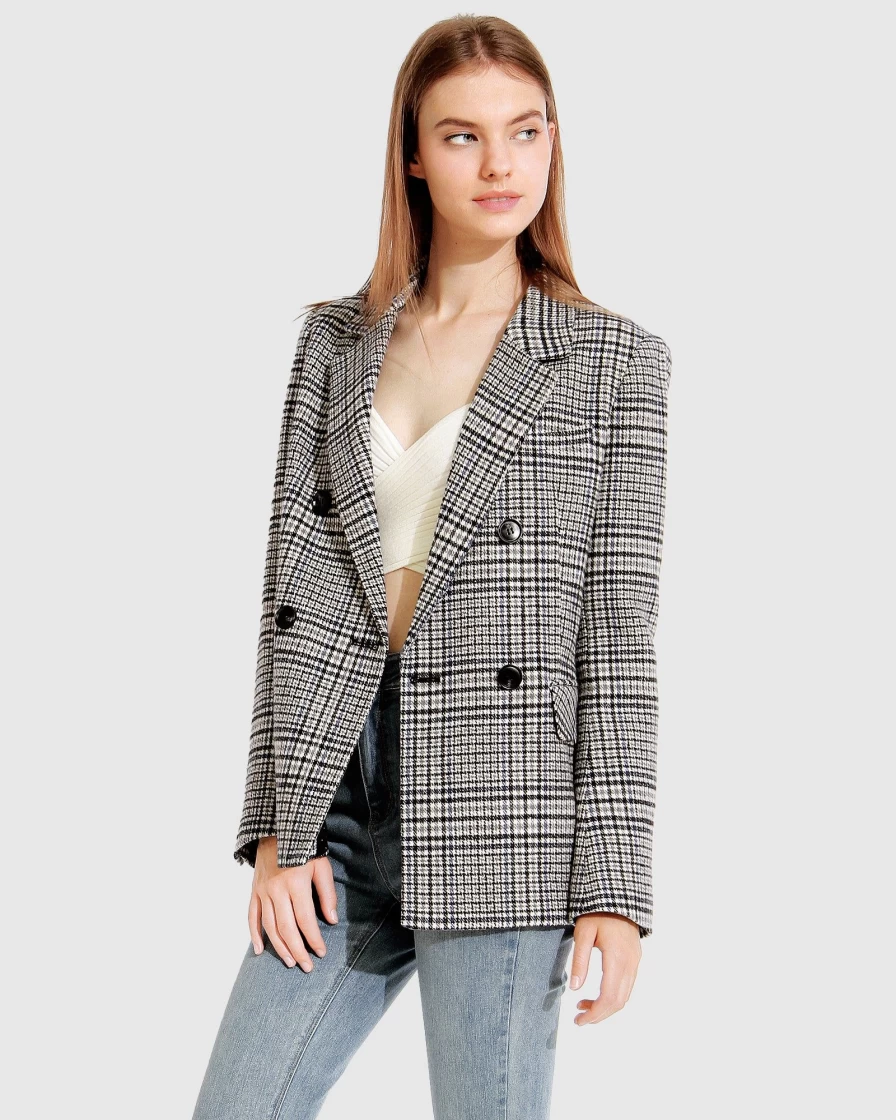 Belle & Bloom Women's Grey Wool Blend Plaid Blazer - Classic Piccadilly Style