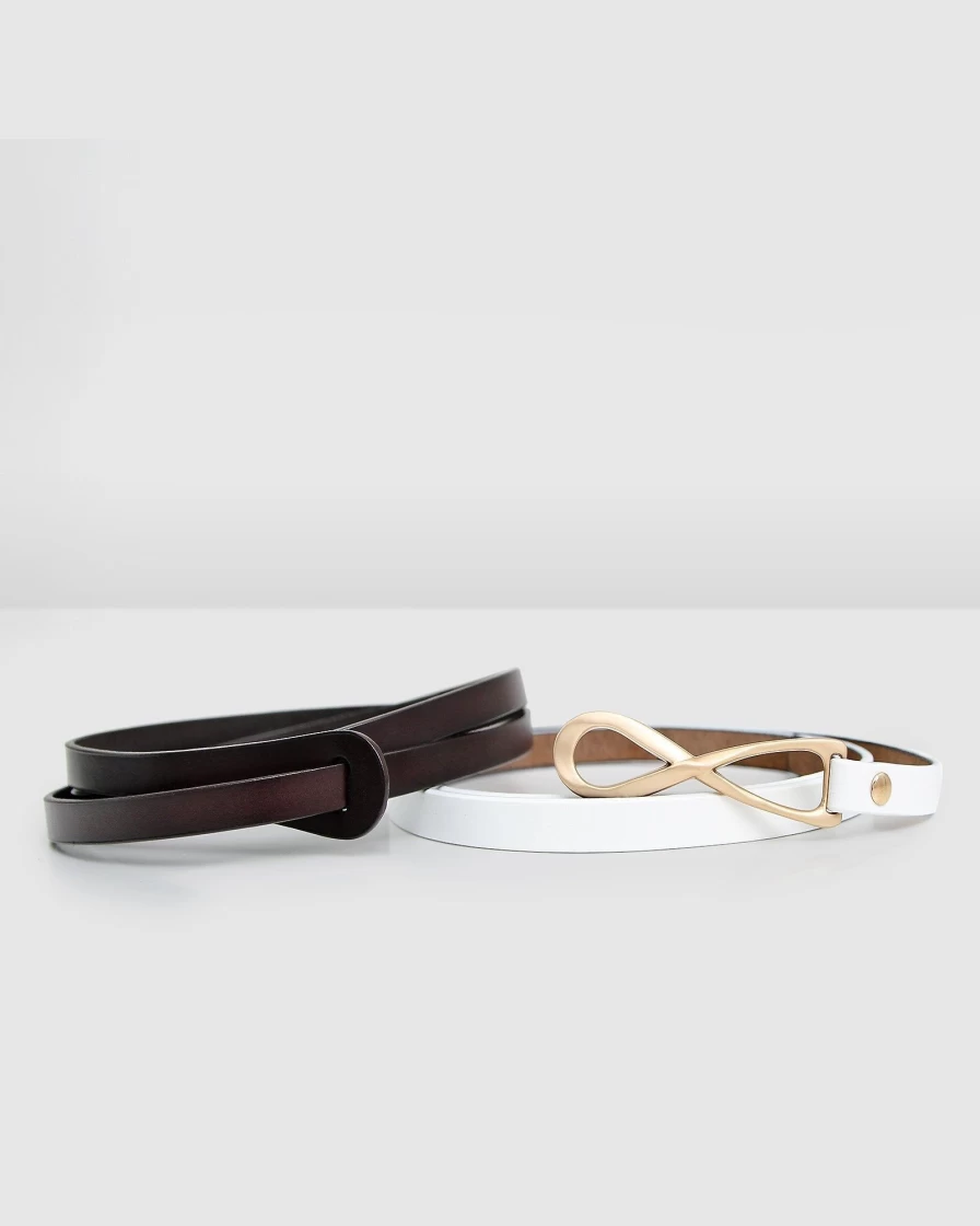Belle & Bloom Women's 2-Pack Leather Tie Belts in White & Espresso - Stylish Adjustable Waist Cincher