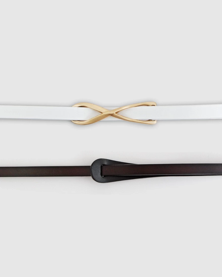 Belle & Bloom Women's 2-Pack Leather Tie Belts in White & Espresso - Stylish Adjustable Waistbands