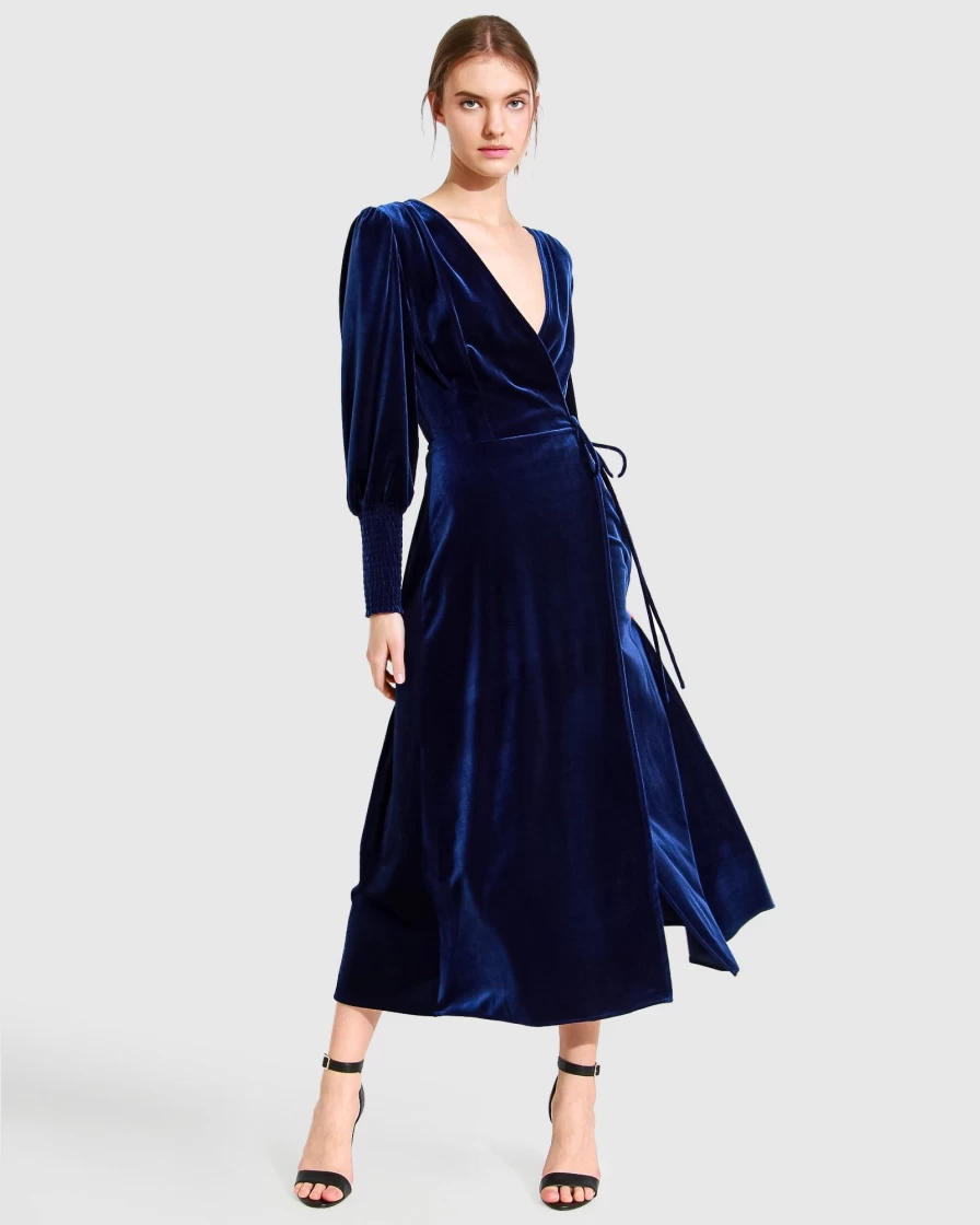 Belle & Bloom Royal Blue Velvet Wrap Dress for Women - Soft & Elegant Current Mood Style