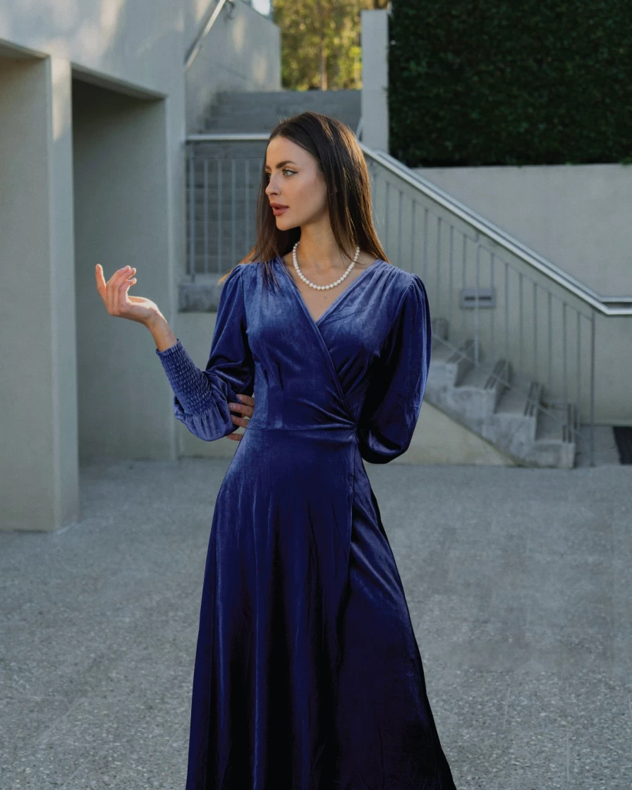 Belle & Bloom Royal Blue Velvet Wrap Dress for Women - Soft & Elegant Current Mood Style