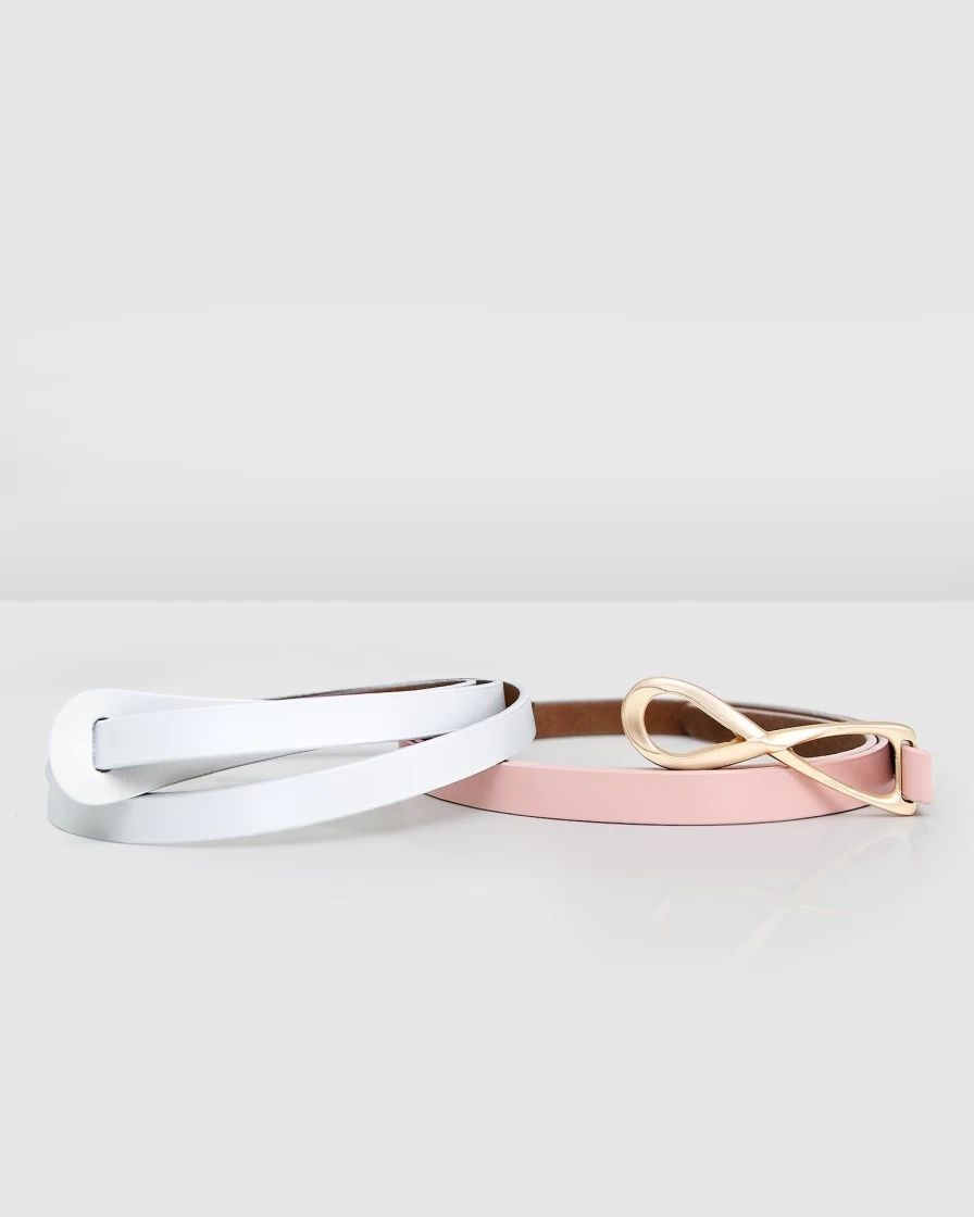 Belle & Bloom Women's 2-Pack Leather Tie Belts in Pink & White - Stylish Adjustable Waistbands