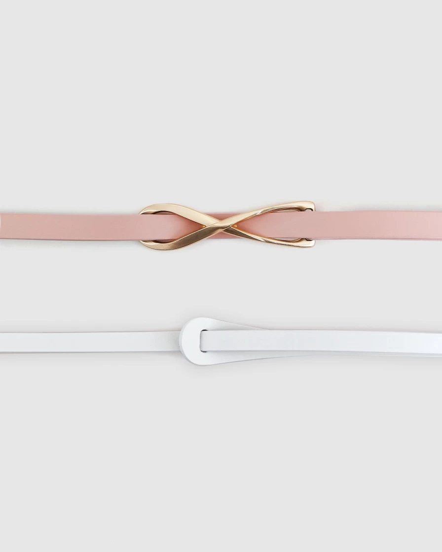 Belle & Bloom Women's 2-Pack Leather Tie Belts in Pink & White - Stylish Adjustable Waist Cincher