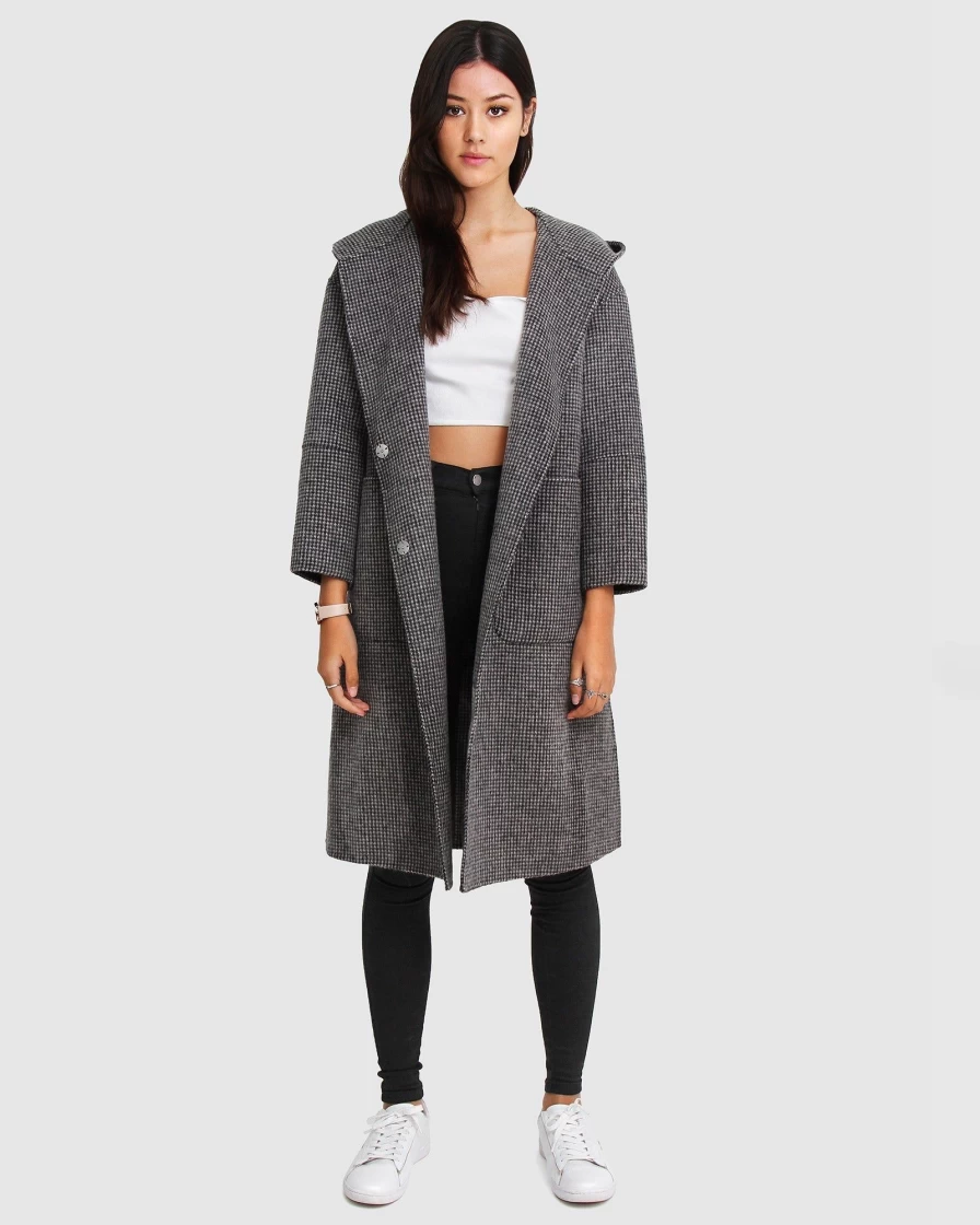 Belle & Bloom Women's Wool Blend Oversized Coat - Black & White Plaid Walking Style Trench