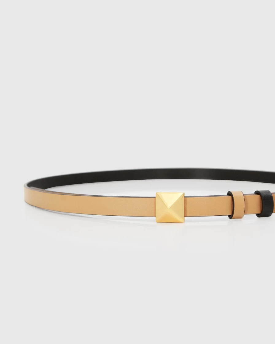 Belle & Bloom Women's Cleopatra Pyramid Stud Leather Belt in Tan & Black - Fashion Punk Style Waist Belt