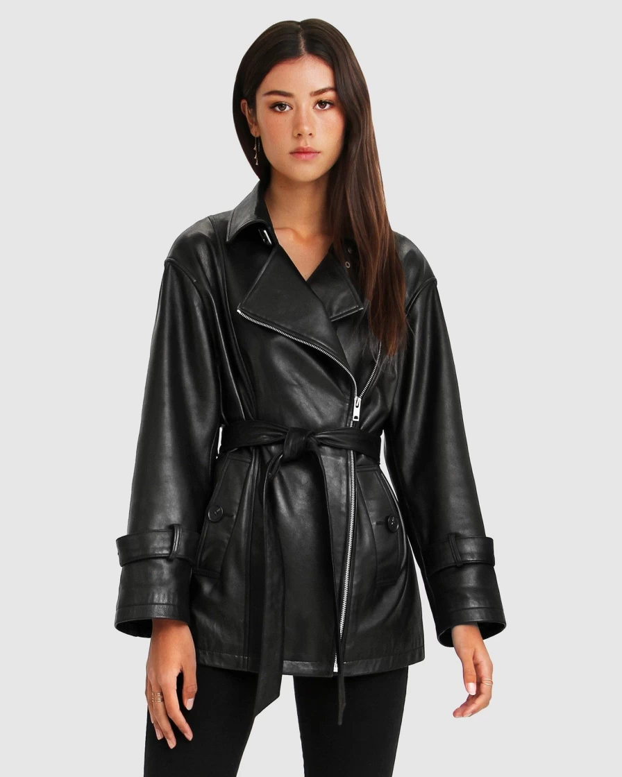 Belle & Bloom Women's BFF Belted Leather Jacket - Stylish Faux Leather Motorcycle Jacket for Women
