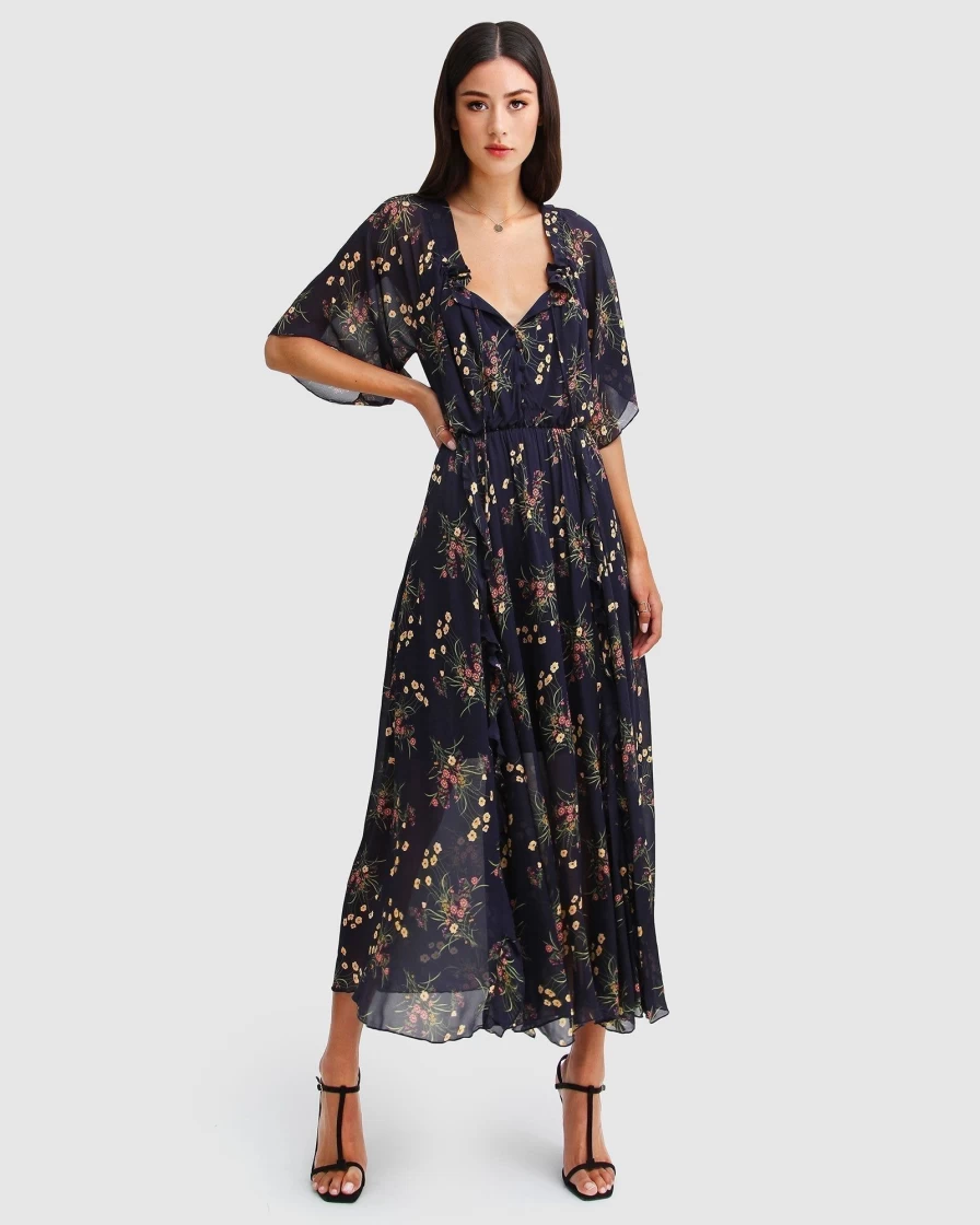 Belle & Bloom Women's Navy Amour Amour Ruffled Midi Dress - Floral Print Summer Dress