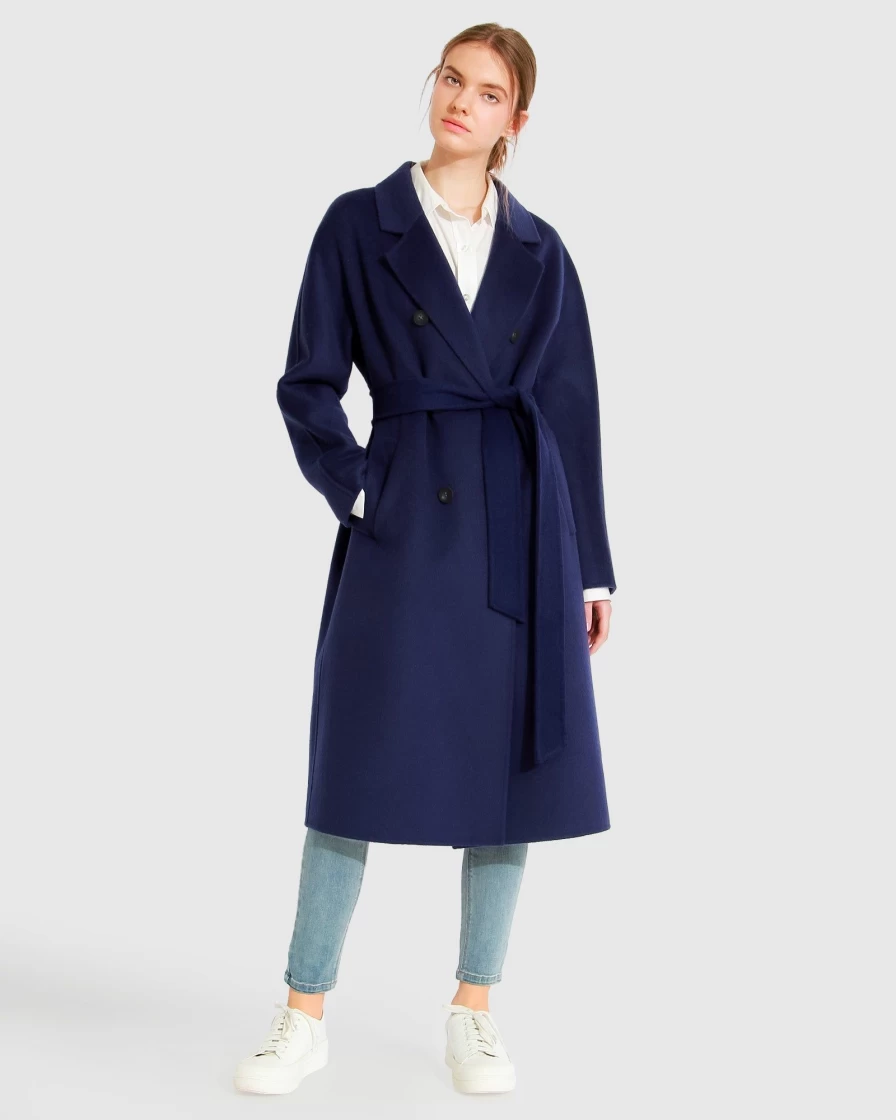 Belle & Bloom Women's Midnight Blue Double-Breasted Wool Coat - Boss Girl Style Winter Trench