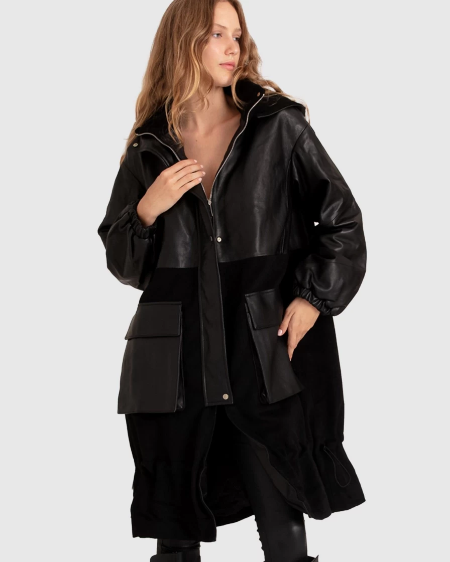 Belle & Bloom Women's Black Oversized Leather Panel Coat - Back To Black Style