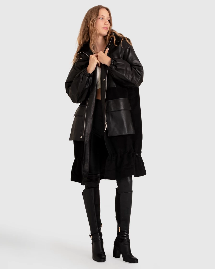 Belle & Bloom Women's Black Oversized Leather Panel Coat - Back To Black Style