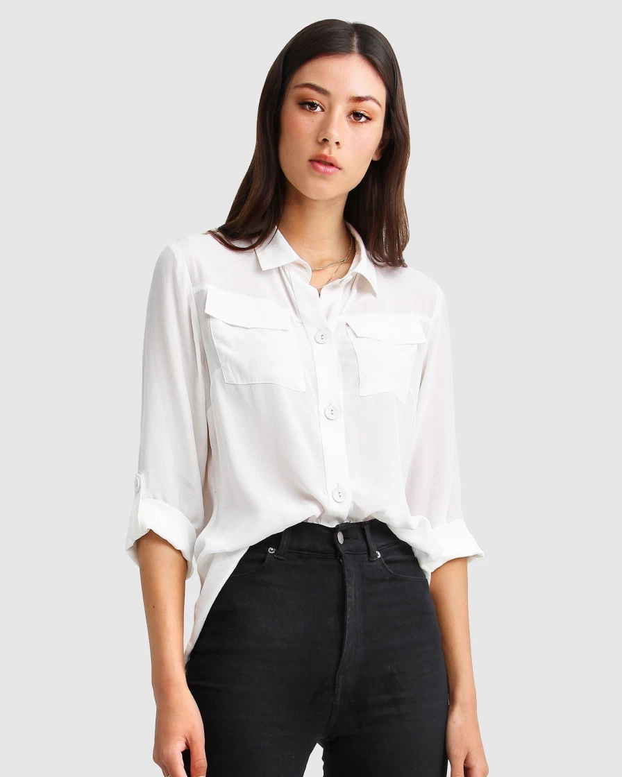 Belle & Bloom Women's Eclipse Rolled Sleeve Blouse in Cream - Elegant Casual Top