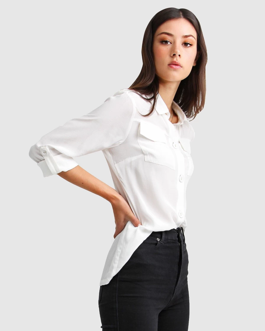 Belle & Bloom Women's Eclipse Rolled Sleeve Blouse in Cream - Elegant Casual Top