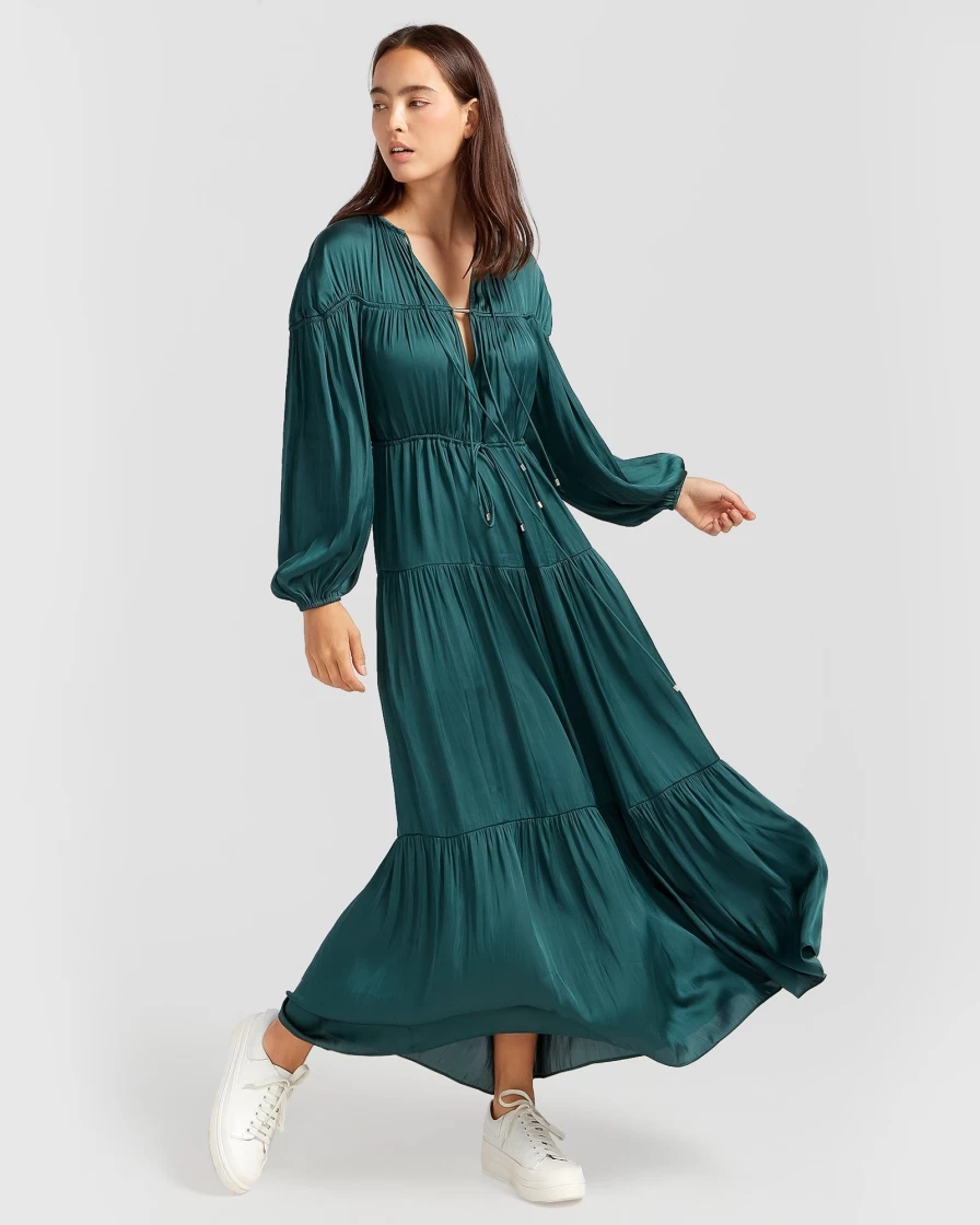 Belle & Bloom Women's Dark Green Tiered Maxi Dress with Window Seat Design