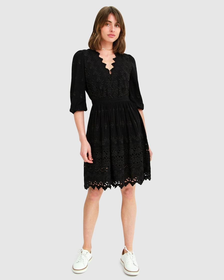 Belle & Bloom Women's Black Sweet Talk Eyelet Mini Dress - Floral Lace Summer Dress