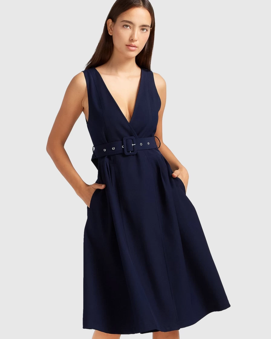 Belle & Bloom Women's Navy Miss Independence Midi Dress - Elegant Flowy Summer Dress
