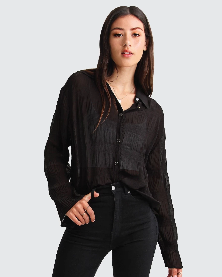 Belle & Bloom Women's Yoko Black Chiffon Shirred Blouse - Elegant & Lightweight Top