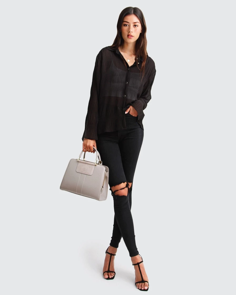 Belle & Bloom Women's Yoko Black Chiffon Shirred Blouse - Elegant Flowy Top