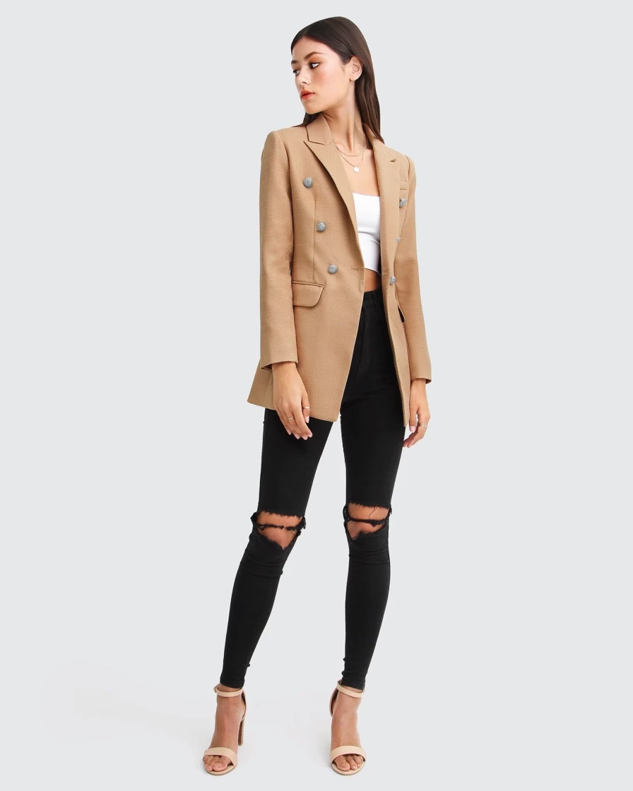 Belle & Bloom Women's Camel Textured Weave Blazer - Princess Polina Style Formal Jacket