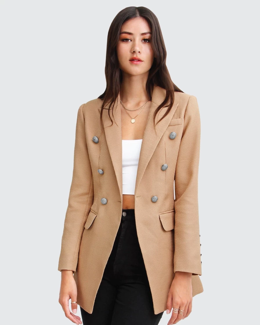 Belle & Bloom Women's Camel Textured Weave Blazer - Princess Polina Style Formal Jacket