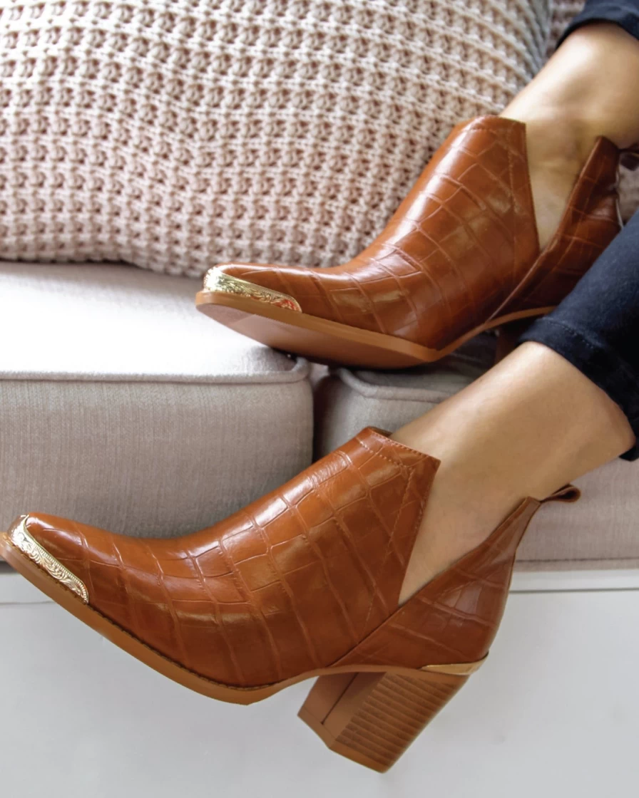 Belle & Bloom Women's Austin Croc Embossed Ankle Boot in Camel
