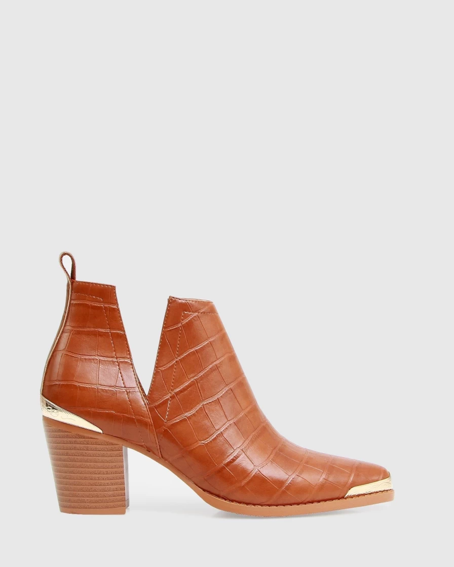 Belle & Bloom Women's Austin Croc Embossed Ankle Boots in Camel | Genuine Leather Fashion Footwear