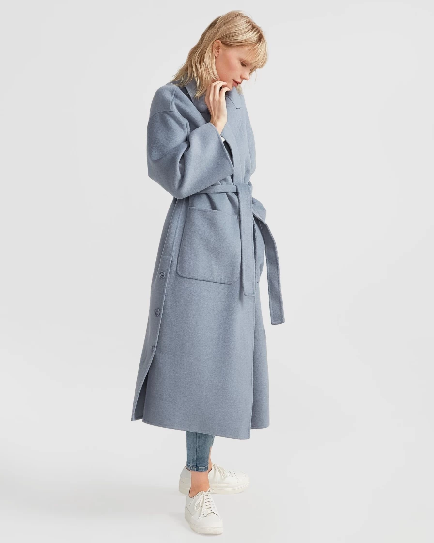 Belle & Bloom Women's Denim Blue Wide Awake Split Hem Overcoat - Stylish Long Coat
