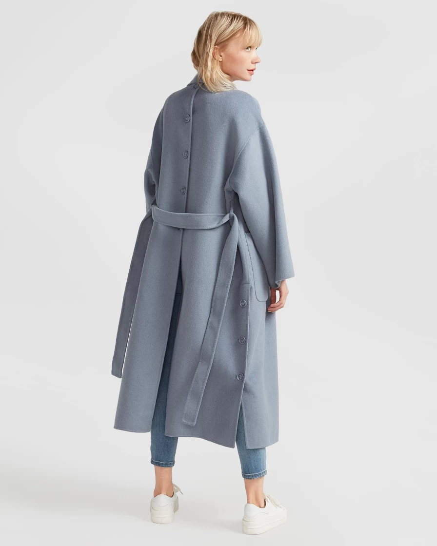 Belle & Bloom Women's Denim Blue Wide Awake Split Hem Overcoat - Stylish Long Coat