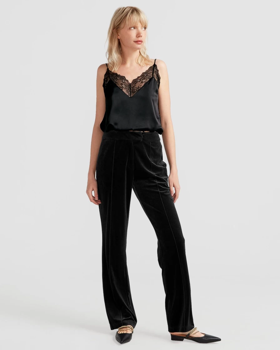 Belle & Bloom Women's Reverie Velvet Pants - Luxurious High-Waisted Black Trousers for Elegant Comfort