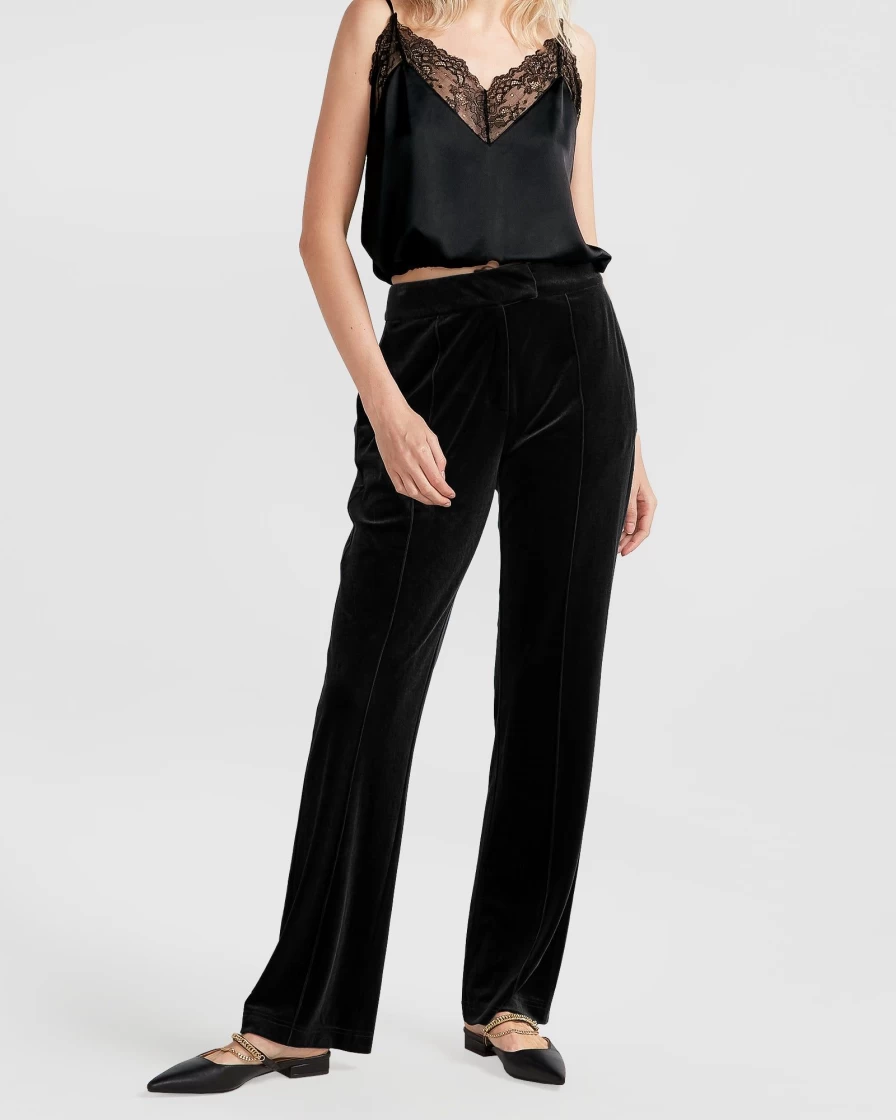 Belle & Bloom Women's Reverie Velvet Pants - Black Luxurious High-Waisted Soft Stretch Comfort