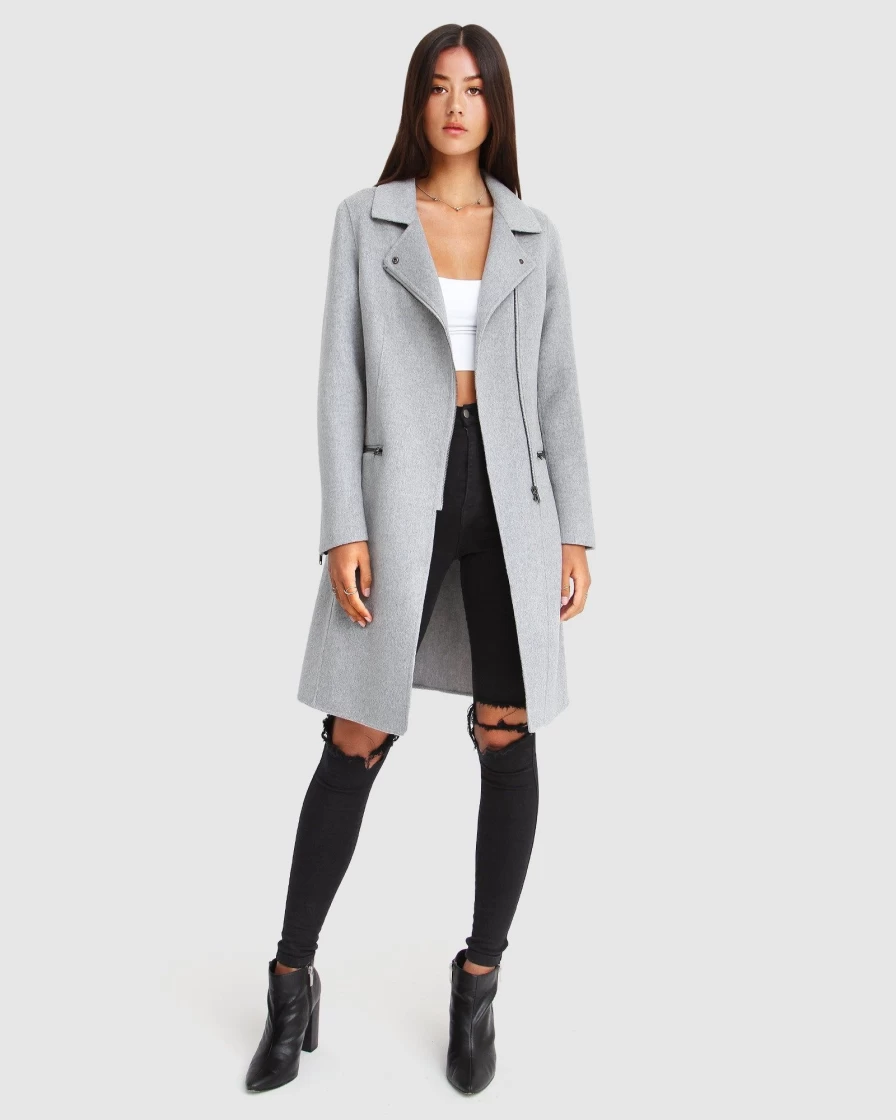 Belle & Bloom Women's Grey Marle Wool Blend Moto Coat - New Fit Last Chance Style