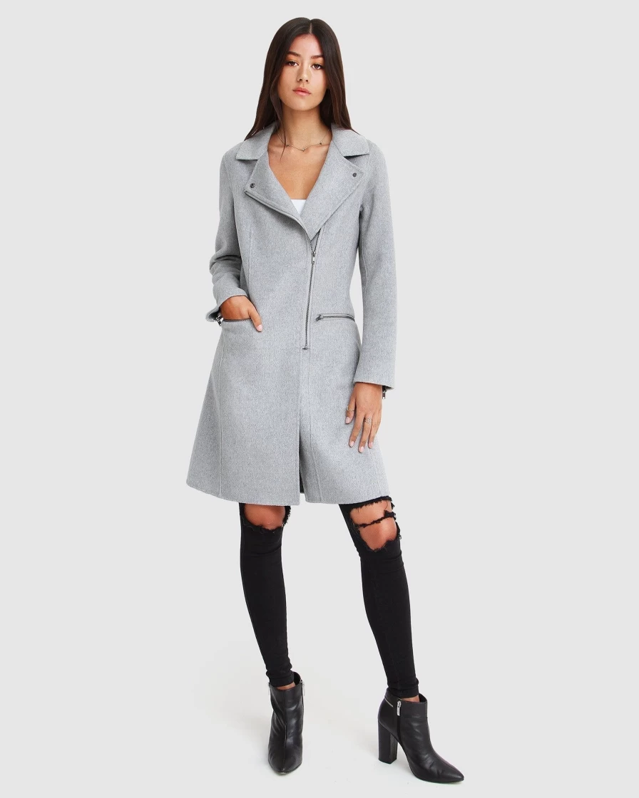 Belle & Bloom Women's Grey Marle Wool Blend Moto Coat - New Fit Last Chance Style