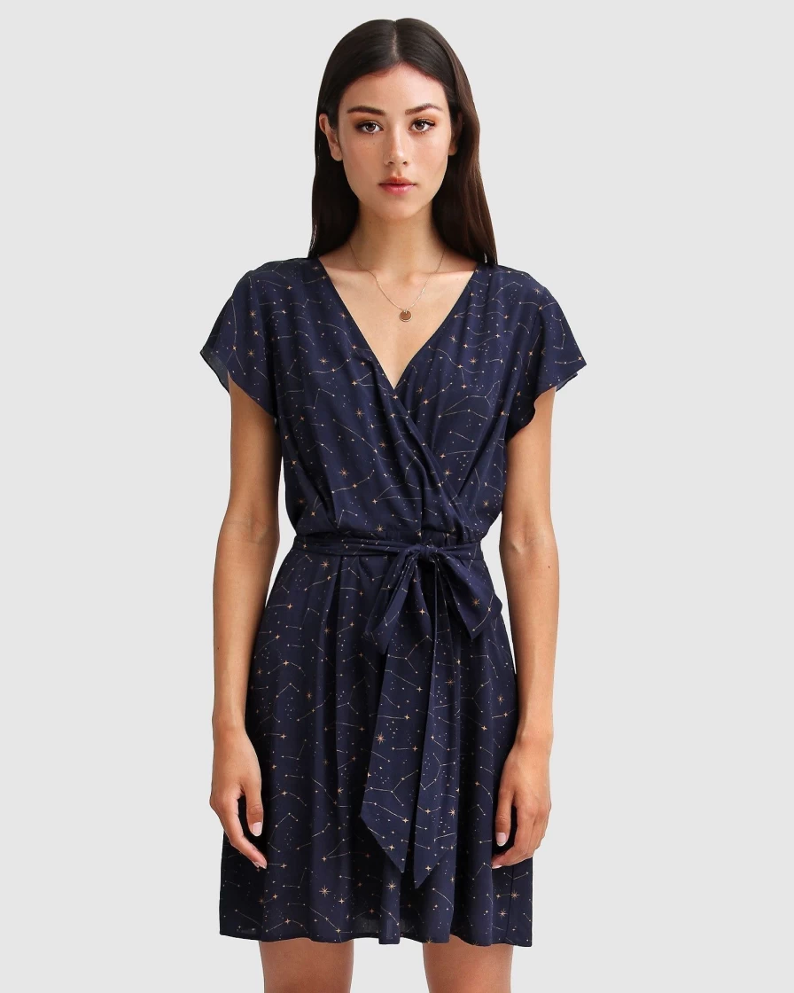 Belle & Bloom Women's Navy I'M The Star Wrap Dress - Elegant Floral Print Summer Dress