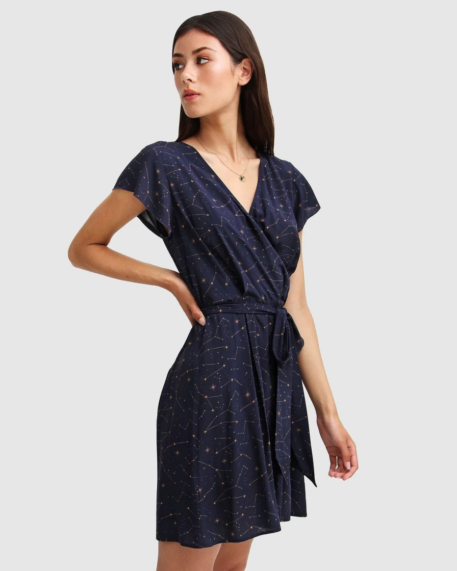 Belle & Bloom Women's Navy I'm The Star Wrap Dress - Elegant Flowy Wrap Dress for Women