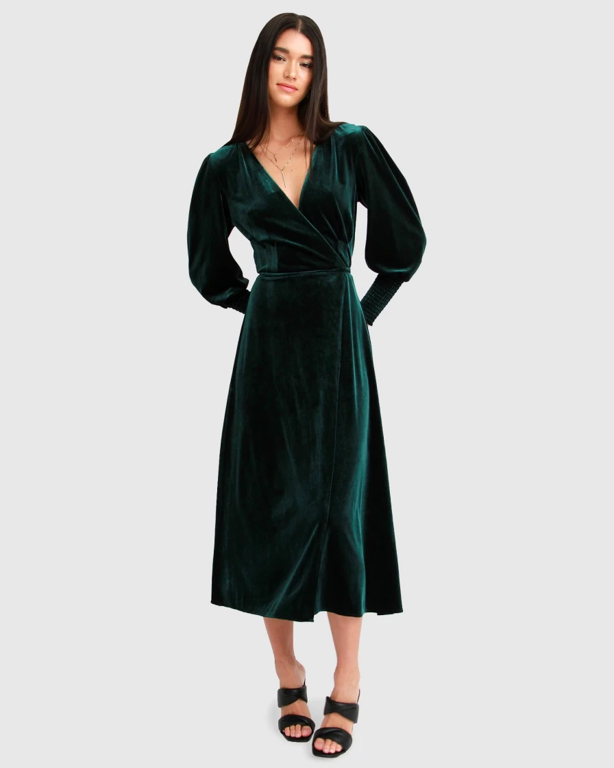 Belle & Bloom Women's Dark Green Velvet Wrap Dress - Elegant & Comfortable Current Mood Style