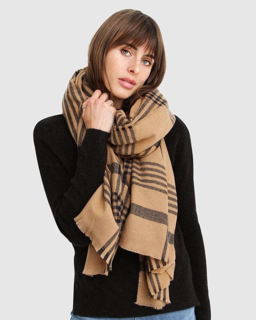 Belle & Bloom Women's Camel Panorama Check Scarf - Soft Wool Winter Wrap