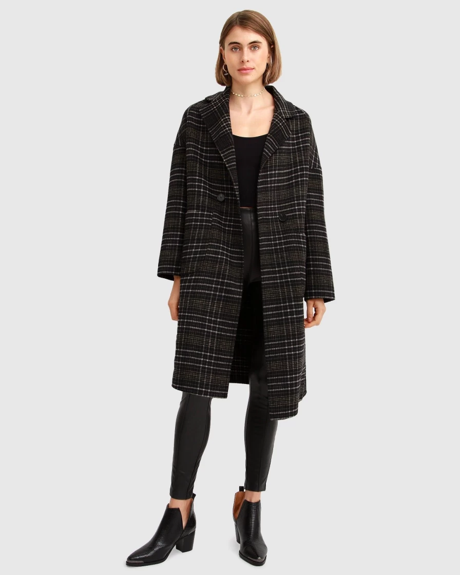 Belle & Bloom Women's Double-Breasted Wool Blend Coat - Black Plaid Winter Jacket