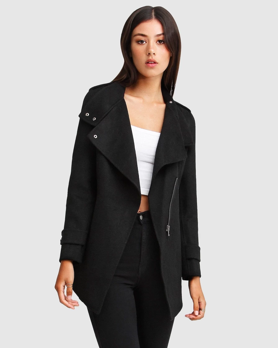 Belle & Bloom Women's New Fit Bad Girl Black Wool Blend Moto Coat