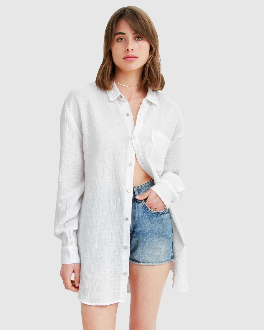 Belle & Bloom Women's South Coast Oversized Shirt in White - Relaxed Fit Long Sleeve Top