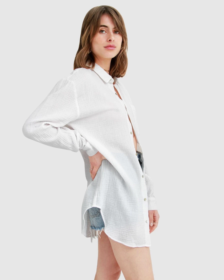 Belle & Bloom Women's South Coast Oversized Shirt in White - Relaxed Fit Casual Top
