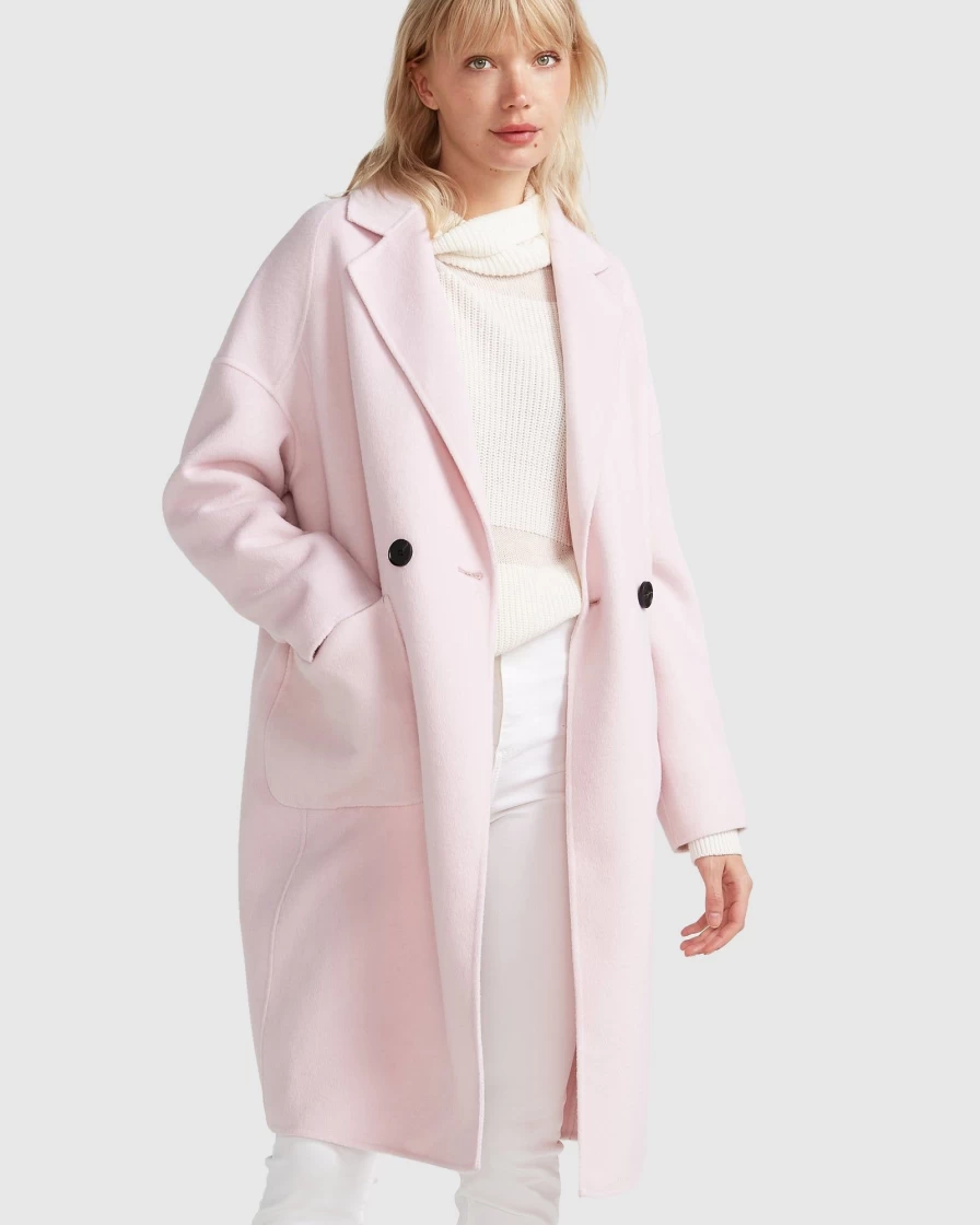 Belle & Bloom Women's Pale Pink Double-Breasted Wool Blend Coat - Elegant Winter Outerwear