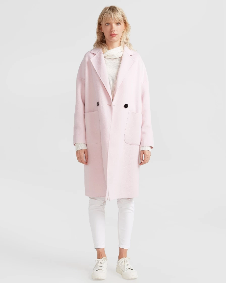 Belle & Bloom Women's Pale Pink Double-Breasted Wool Blend Coat - Elegant Winter Outerwear