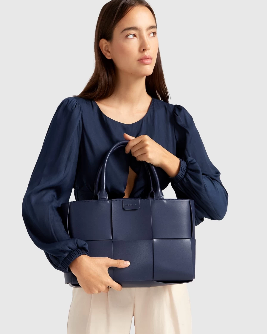 Belle & Bloom Navy Woven Tote Bag for Women - Stylish Long Way Home Design