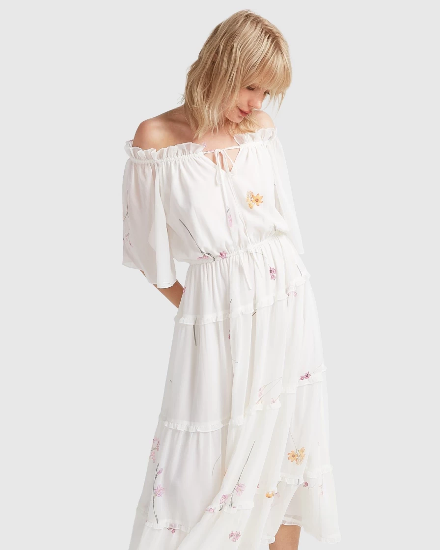 Belle & Bloom Women's White Tiered Maxi Dress - Elegant Flowy Summer Dress